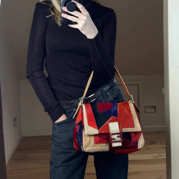 Fendi: Pony Calf Hair Multi Color Patchwork Leather Mamma Baguette Shoulder Bag - Picture 8 of 17